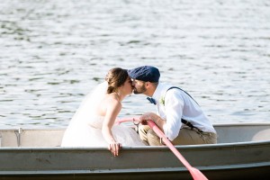 Couple on pontoon boat wedding