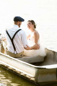 Couple on pontoon boat wedding